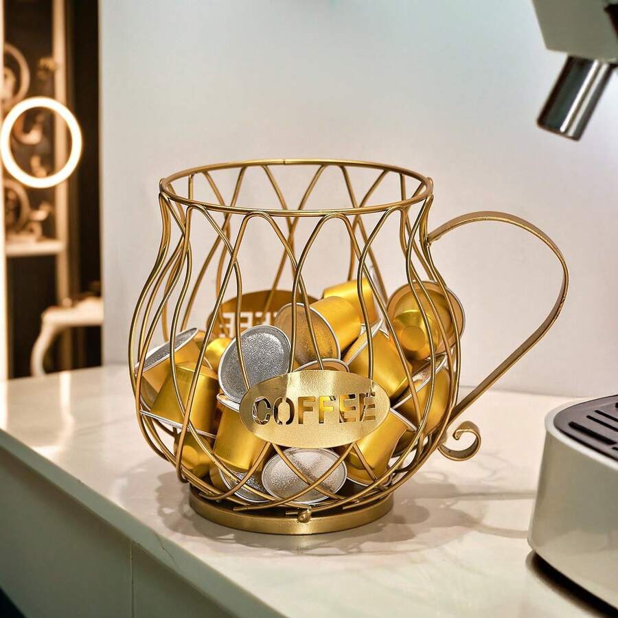 "Coffee Capsule Storage Basket" Gilded Line Aesthetics . Metal Coffee Storage Decor: Bringing Luxury Art Into Your Living Space - Gold - View 1
