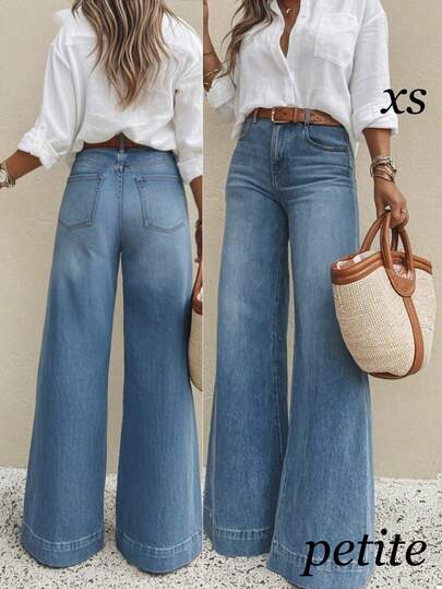 Petite Women's Washed Denim Pants With A Slightly Flared Design, Suitable For Daily Commuting Or Outdoor Activities Casual