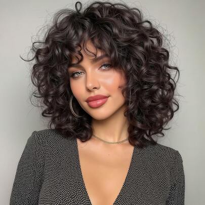 Peluca corta rizada de 14 pulgadas con rizo apretado y flequillo completo, cabello sintético resistente al calor