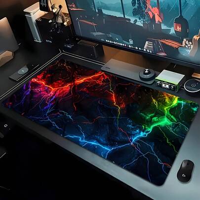 Neon Lightning Gaming Mouse Pad, Large Desk Mat With Non-Slip Base, HD Printed Design - Extended Keyboard Pad For Home Office, Esports, PC Gaming (Multiple Sizes Available)