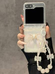 Funda de teléfono con cadena de pulsera con lazo de perlas falsas 3D y letras con cuentas láser compatible con Samsung Galaxy Z Flip7 Z Flip6 ZFlip 5 5G, cubierta trasera transparente - corbata de moño - Ver 2