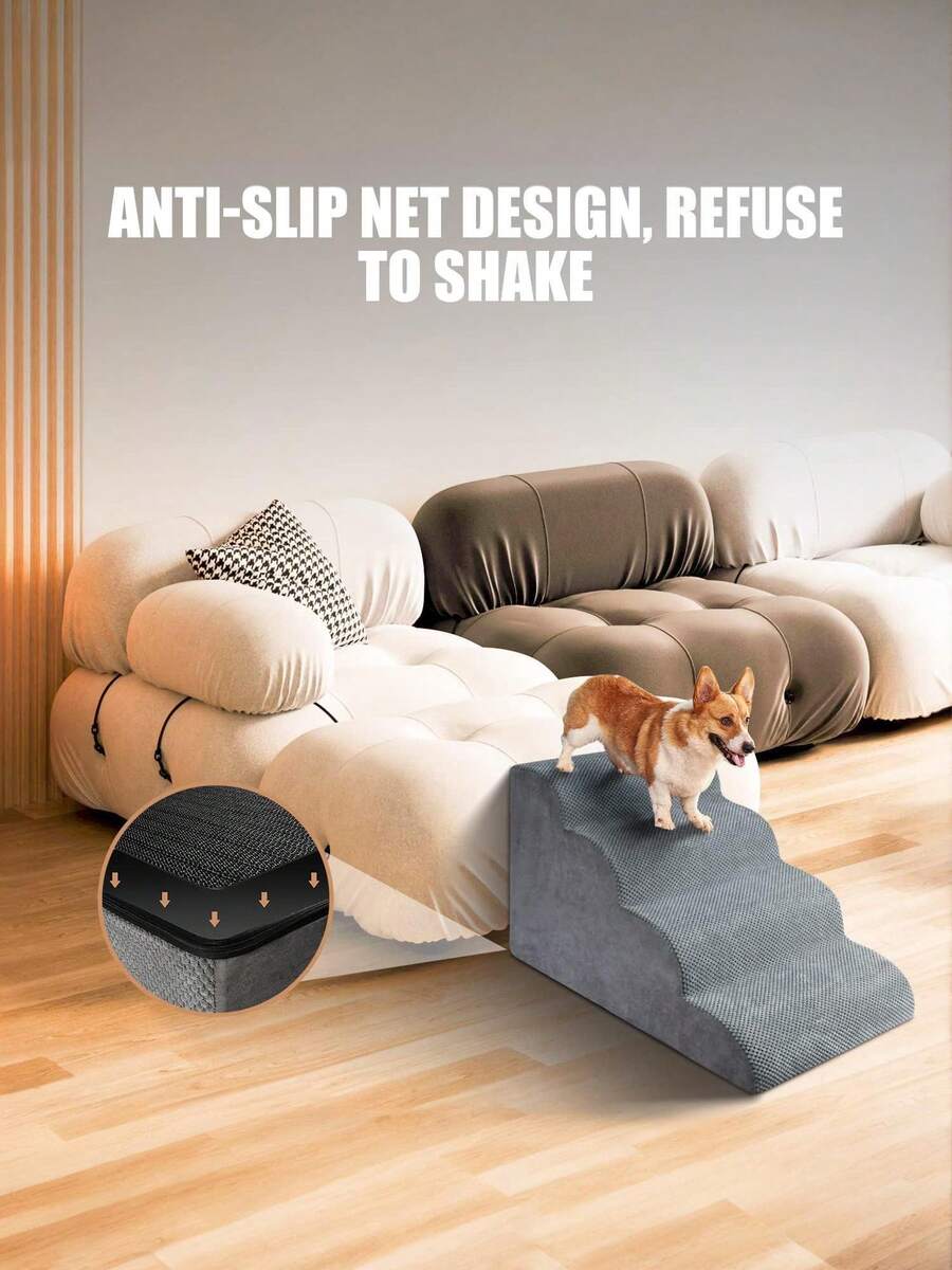 1pc 29*15*17in 4-Tier Pet Stairs Dog Steps Ladder Small Dogs Cats Climb Bed Bedside Detachable Washable - Grey - View 1