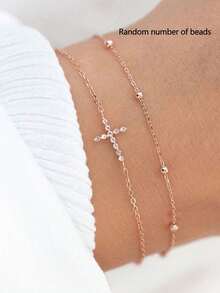 两件套优雅立方氧化锆十字装饰双层珍珠手链套装，适合女性日常佩戴、约会、派对等场合。 - 金黃色 - 查看 1