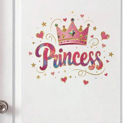 1pc Princess Wall Sticker With Pink Crown And Glitter Decor, Peel And Stick Door Decal Suitable For Bedroom, Smooth Surface, One-Time Wall Art Decoration, Perfect Home Decor Accessory, Home Decoration, Room Decor, Wall Sticker