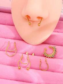 5件套混搭款式假鼻环套装，不锈钢假鼻环鼻中隔耳环，时尚螺旋免穿孔设计 - 5pcs - 查看 9