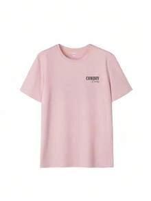 女士夏季短袖印花T恤，粉色上衣，新款时尚休闲服饰 - 粉色 - 查看 3