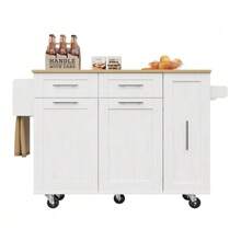 Modern köksö, köksskåp, skänk, matvagn med träådring, multifunktionellt matbord med förvaringsutrymme, matvagn med snackhyllor och utdragbara skåp, svart - Vitt - Visa 11