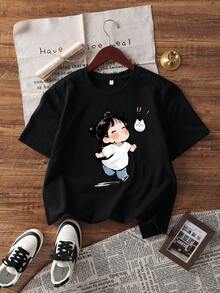 Áo thun ngắn tay in hình hoạt hình Y2K dễ thương, trang phục mùa hè cho nữ, cổ tròn, dáng rộng, thoải mái, đa năng, ôm dáng, màu đen. - màu đen - Xem 4
