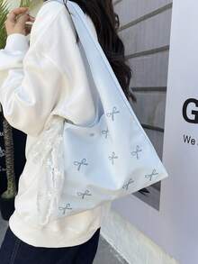 Túi tote vải bố thêu nơ xinh xắn, túi đeo vai dung tích lớn, lý tưởng cho học sinh và đi làm. - Màu xanh lam - Xem 8