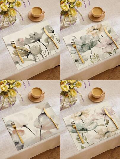 1pc/4pcs/6pcs/60pcs Linen Placemats With Floral & Plant Prints, Suitable For Dining Table, All Season Decor, Modern Washable Table Mats, Room Decor, Coasters, Kitchen Dining, Party, Home Decor, Ideal Gift