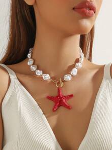 1件波西米亚风ABS塑料串珠珍珠树脂海星吊坠项链，配OT扣，可作礼物或日常佩戴 - 樹脂海星珍珠項鍊 - 查看 11