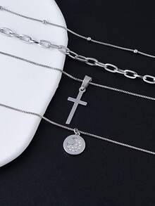 Kalung Berlapis Salib Perak dan Bulan Gaya Boho untuk Wanita, Set Kalung Choker Rantai Manik-Manik Bentuk Klip Kertas 4 Buah yang Dapat Ditumpuk, Perhiasan Keagamaan Vintage untuk Wanita - Perak - View 4