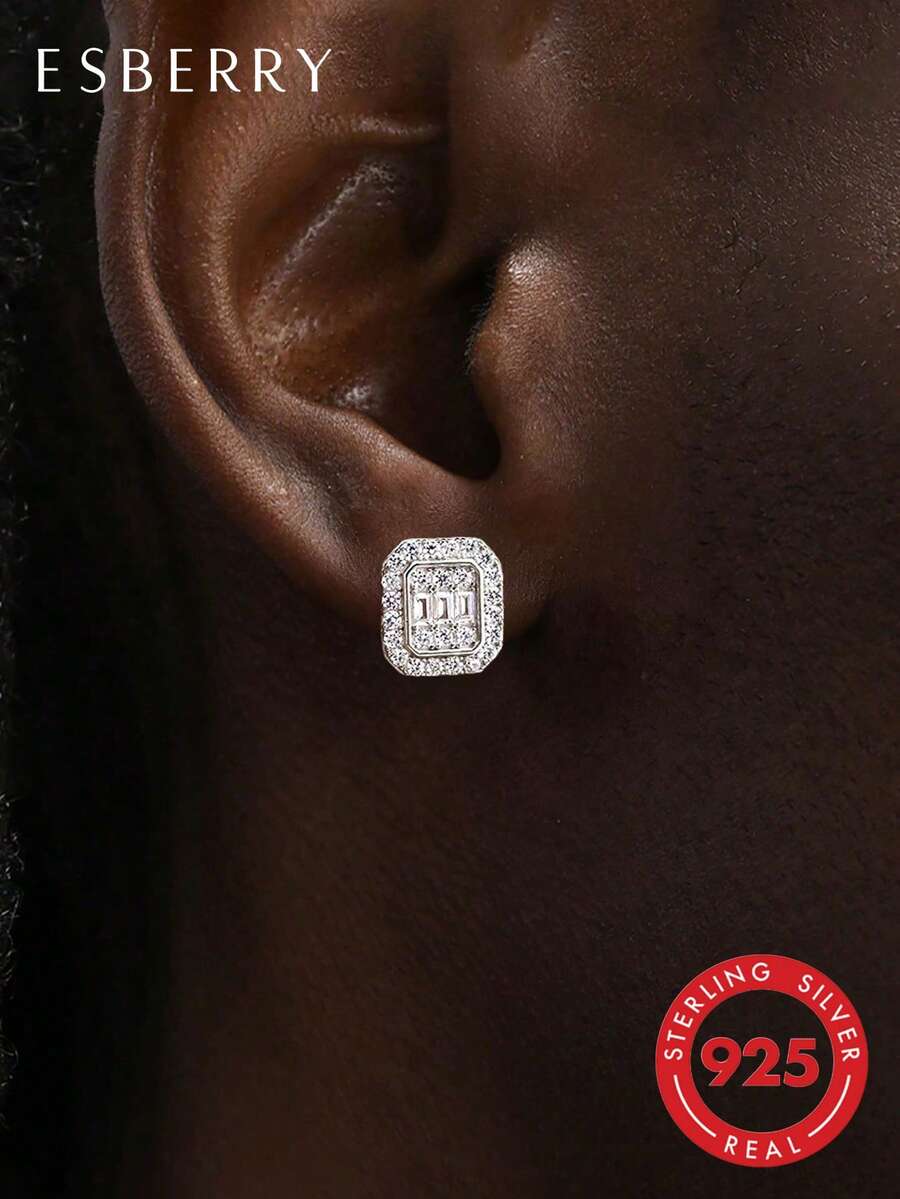 ESBERRY 1pc S925 Sterling Silver Zirconia Stud Earrings, Delicate Jewelry For Men, Daily Wear, Gift