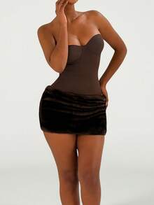 棕色褶皱抹胸连衣裙，适合情人节、复活节、狂欢节、约会、聚会、派对、旅行、度假、海滩等各种场合。 - 棕色 - 查看 3