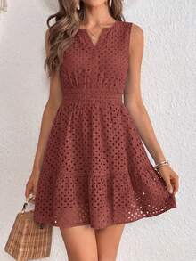 PRETTYGARDEN Women's Summer Dress Sleeveless V Neck Eyelet Cutout Swinging A-Line Flowy City Walks Wedding Guest Graduation Beach Vacation Sun Dress Brown  Dresses - 棕色 - 查看 3