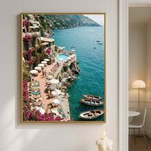 1 tranh in trên vải canvas chủ đề hoa mùa hè, bờ biển Amalfi, phong cảnh biển, vùng Riviera Ý, Địa Trung Hải, nghệ thuật trang trí nhà ven biển, nhà kiểu hiện đại, có khung/không khung, thích hợp trang trí cho căn hộ, phòng khách, phòng ngủ, nhà ở hiện đại. - A - Xem 2