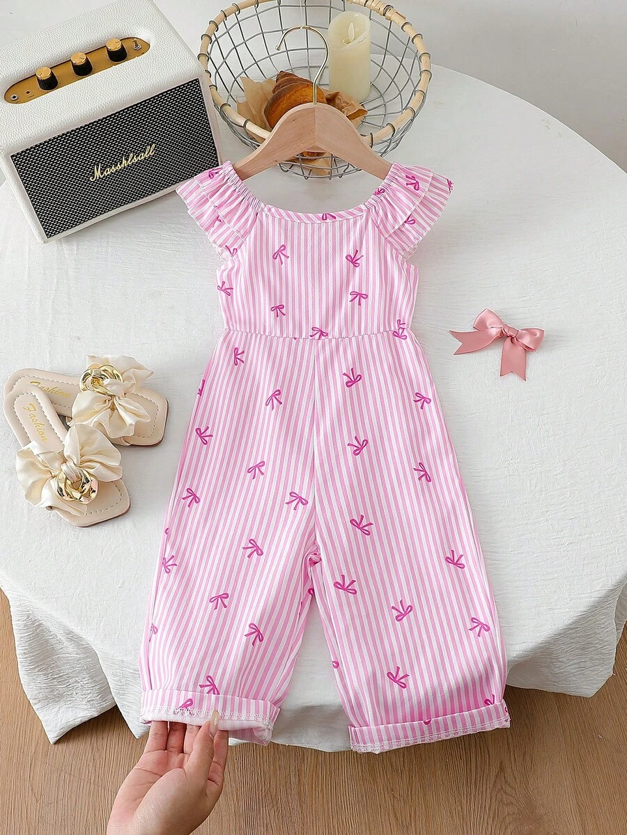Bộ áo liền quần kẻ sọc in hình nơ cho bé gái, thích hợp cho mùa xuân/hè. - Nhiều màu - Xem 1