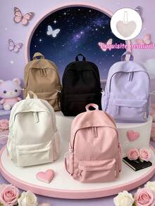 1 pièce Sac à dos pour adolescents avec fermeture à glissière en nylon, version coréenne Harajuku Ulzzang, simple et à la mode, style campus Ins, convient à tous les looks - Sac à dos simple + porte-clés - Voir 2