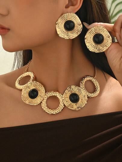 1 Set 2026 New Sexy Exaggerated Creative Fashion European And American Style Metal Earrings And Necklace 3-Piece Jewelry Set, Geometric Round Circle Engraved Iron Plate, Black Semi-Circular Convex Resin Inlaid, DIY Handmade Earrings And Necklace/Choker 3-Piece Jewelry Set, Multiple Options, Suitable For Party, Holiday, Daily Wear, Designed For Fashionable And Charming Women
