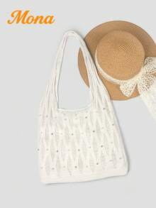 波西米亞風鏤空針織托特包，鑲鑽閃亮裝飾，女款夏季海灘單肩包，適合度假、派對、約會、購物、郵輪旅行 - 米色 - 查看 5