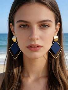 imoli 1 Pair Vintage Copper Geometric Square & Round Hoop Earrings For Women, Creative Gift - (The Square Pieces May Vary In Pattern Depth And Details Due To Batch Differences) - 9814-4-blue - View 3