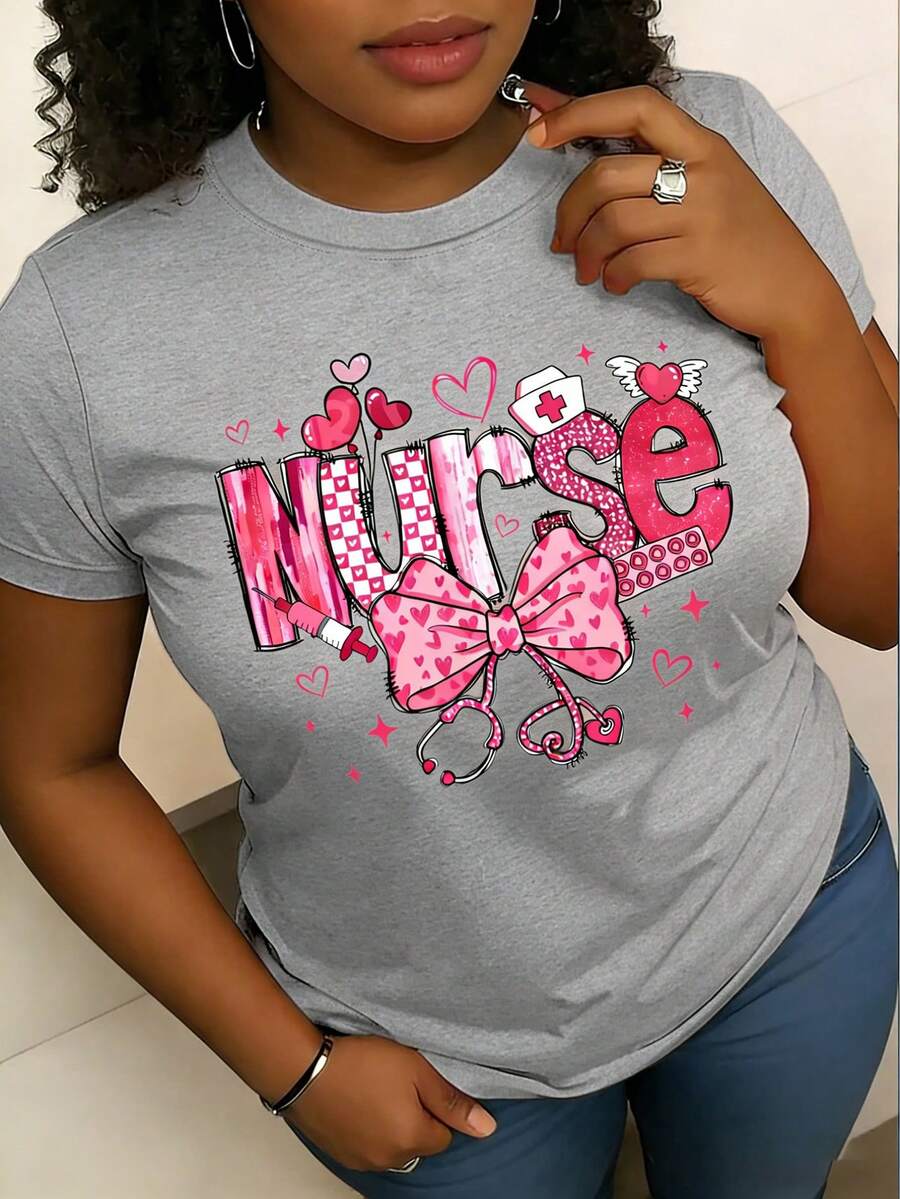 2026 Women' Nurse Letter Print Theme T-Shirt - Nursing Top With Heart Pattern, Bowknot And Stethoscope Design - - 灰色 - 查看 1