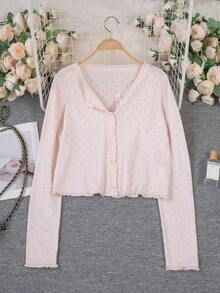 长袖开衫，轻薄镂空针织女式毛衣，休闲甜美风格，荷叶边装饰，春夏粉色 - 粉色 - 查看 8