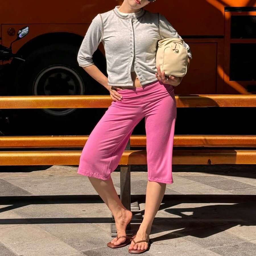 Women's Black Wide Leg Capri Pants, Low Waist Loose Fit Stretchy Cropped Trousers, Casual Y2K Streetwear Summer Daily Going Out Vacation Pants For Ladies - 粉色 - 查看 1
