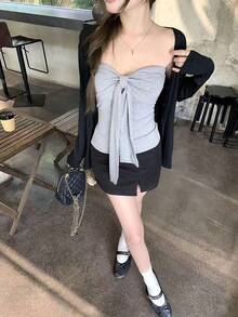 Bộ đồ nữ thường ngày mùa xuân/hè mới, dáng ôm tối giản, tay dài, áo khoác cardigan và áo kiểu 2 mảnh. - Xám - Xem 7