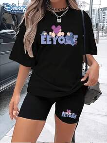 [Disney Licensed]Disney Women's Black Short Sleeve T-Shirt With Eeyorethe Donkey Cartoon Print, Eeyorewith Shy Expression, Two Colorful Balloons With Mickey Mouse Profile Floating Above, "EEYOY" Text Repeated Twice Above, Women's Summer Short-Sleeve T-Shirt And Shorts Set, Made From 100% Polyester For A Cool, Breathable Feel. Women's Two-Piece Set,Summer Outfits For Women,Disneyoutfits Women,Conjuntos De Dos Piezas Para Mujer, Women's Spring/Summer Printed T-Shirts And Printed Shorts, Festival Outfits, Summer Tops For Women, Ropa De Verano Mujer, Beach Outfits, Holiday T-Shirts, Great Gifts For Friends, Graphic Tee, IP Collaboration Women's Two-Piece Set - 黑色 - 查看 1