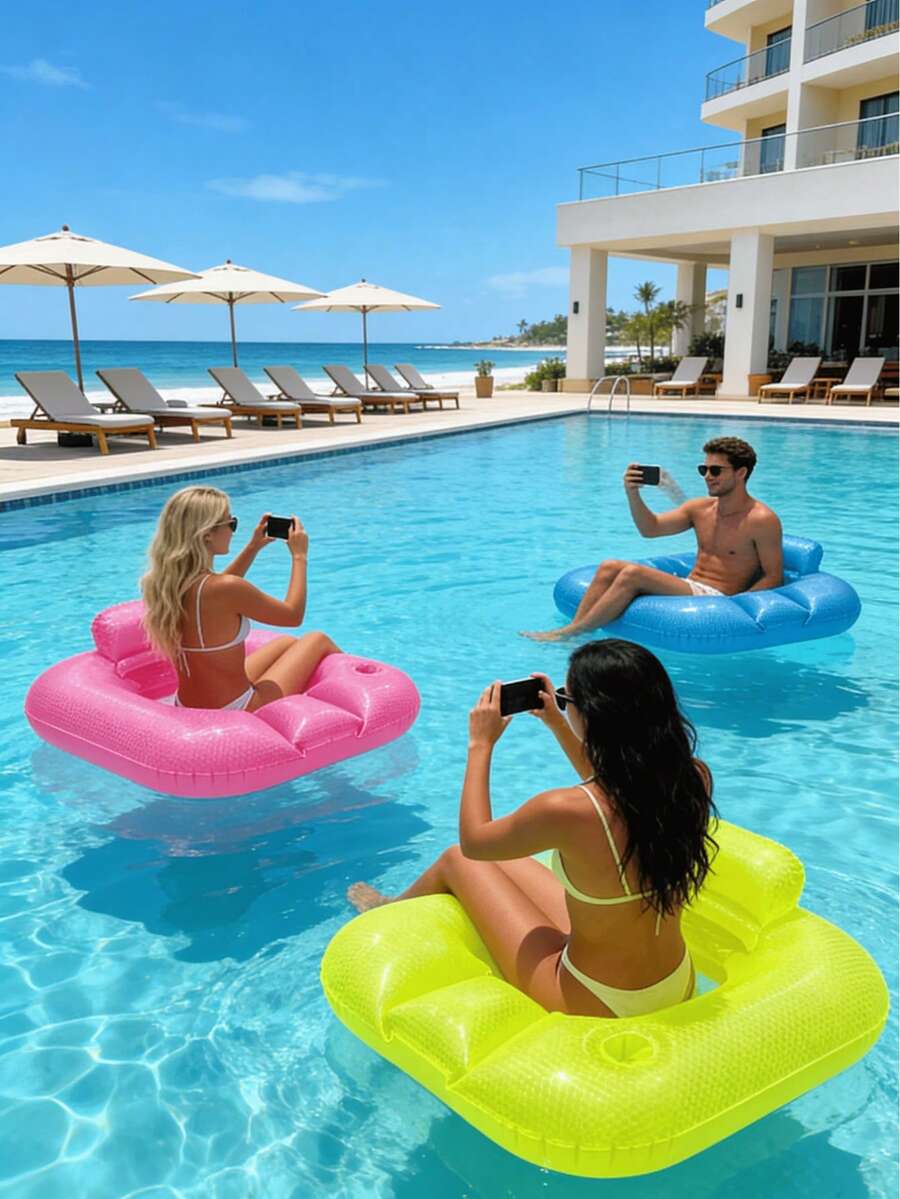 1pc Pearl Finish Square Recliner Floating Bed, Pearl Style Design With Backrest And Cup Holder, Inflatable Floating Bed Suitable For Swimming Pool, Beach, Beach Party, Water Park, Inflatable Floating Device, Pool Float, Water Resting Seat, Inflatable Raft, Inflator Pump Needs To Be Purchased Separately - Pearlescent Positive-form Float - View 1