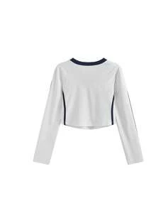 V领修身美式字母印花长袖T恤，适合春秋季休闲穿着，白色 - 白色 - 查看 5