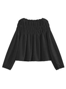 Blusa de gasa elegante y única de estilo coreano con mangas abullonadas, cuello redondo, diseño de volantes, color negro para otoño y primavera - Negro - Ver 3