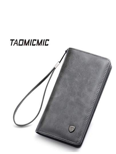 新款商务精英男士长款钱包，油蜡皮革PU皮，多卡位，手提式，复古搭扣拉链零钱包，卡包，盾形标志，大容量手机包，坚固耐用的手拿包，节日、生日、周年纪念礼物