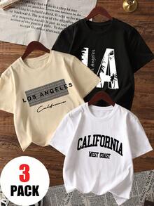 Set de 3 camisetas de manga corta con cuello redondo con estampado de hitos de la ciudad, adecuadas para el uso diario, el campus y el estilo callejero de los niños, tops de verano de moda para niños preadolescentes - Negro - Ver 2