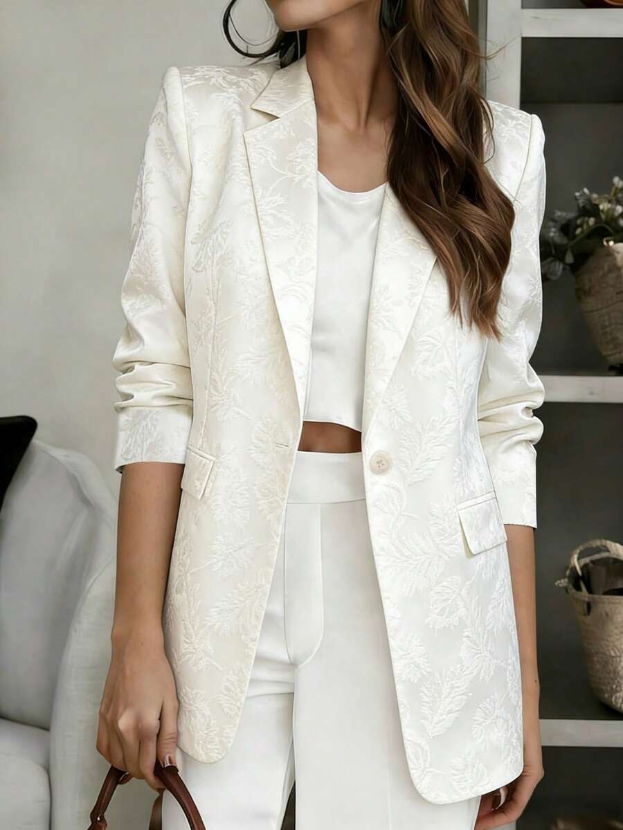 Elegante Damen Creme Blumenmuster Langarm Blazer, Jacke aus gewebtem Stoff mit regulärem Saum und Knopfverschluss für einen polierten Look, Weiß - Weiss - Übersicht 1