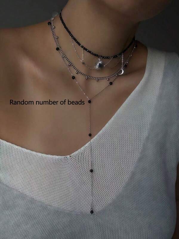 3pcs Gothic Style Multi-Layer Necklace Set, Black Faux Crystal Beaded Choker With Sun & Moon Pendant, Y2K Long Tassel Y-Shaped Chain Jewelry