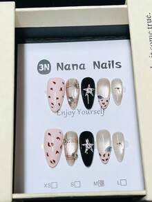 1包/10片 - 可爱Y2K粉色豹纹格子杏仁形美甲贴片 | 星星水晶装饰，适合日常和派对 - 彩色 - 查看 9