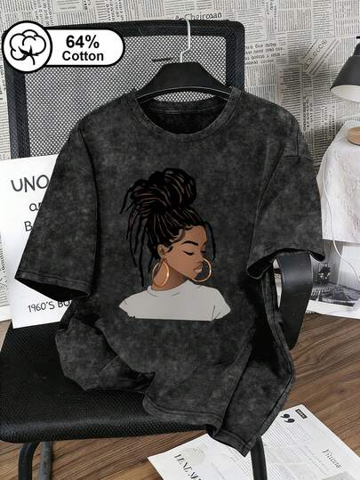 Plus Size Women's T-Shirt, Cartoon Dreamy Hairstyle Print, Vintage Snow Wash Plus Size Short Sleeve Tee, Streetwear Style, Suitable For Outdoor Wear, Ladies Top, Summer Clothing, Graphic Print