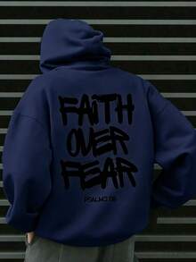 Faith Over Fear, Letter Print Pocket Hoodie, Men's Casual Long-Sleeve Drawstring Style, Autumn & Winter New-Unisex Loose-Fit Hooded Sweatshirt-K88 - 藏蓝色 - 查看 2