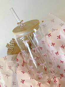 1 set/avec couvercle et paille, tasse en verre Matcha avec nœud rose, s'adapte au porte-gobelet de voiture, réutilisable, convient pour les sports, la remise en forme, l'école et les voyages, s'adapte au café, au thé, au lait, à la limonade, aux boissons de thé mélangées, aux boissons portables, aux jus et aux milkshakes - Multicolore - Voir 9