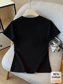 V-Neck Solid Color Slim Fit T-Shirt, Versatile Casual Undershirt For Women Black Summer - Black - View 4