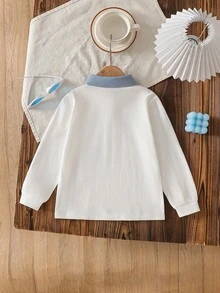 New Boys' Long Sleeve Polo Shirt, Casual Collared Top, Minimalist Versatile Design, Suitable For Spring & Autumn - White - View 2