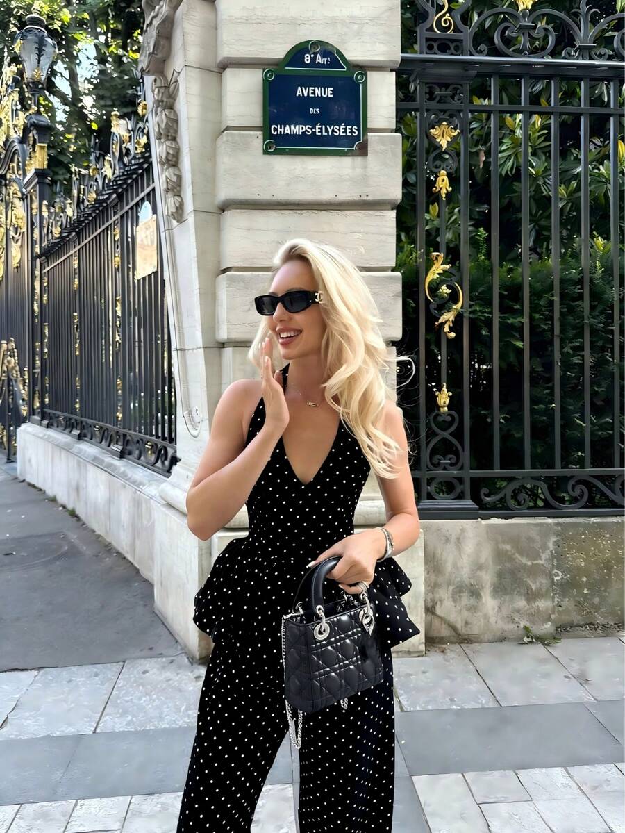 两件套波点优雅露背女装，适合度假和日常穿着，黑色夏季款 - 黑色 - 查看 1