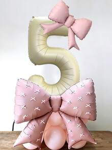 43pcs Birthday Theme 0-9 Number Balloon Set, 40-Inch Cream Color Number Foil Balloons, Pink Bow Balloons, Pink Latex Balloons, Bow Ribbon Accessories Suitable For Birthday Party, Anniversary Decoration - Birthday Suit - View 5