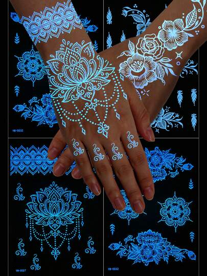 一套6张夜光闪光纹身贴纸，白色波西米亚曼陀罗莲花蕾丝图案，适用于手臂、手部、背部和手指，临时纹身在黑暗中闪闪发光，花卉蕾丝设计，防水持久防汗，仿真纹身