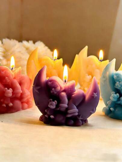 Nến thơm hình thiên thần mặt trăng và em bé, trang trí thuyền 3D hình mặt trăng.