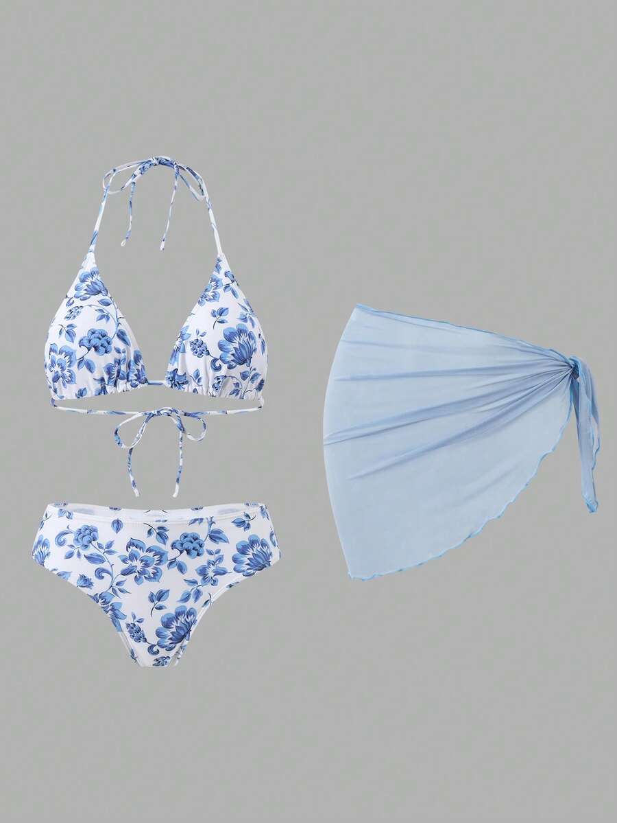 Sweetra 印花三角杯比基尼泳裝附沙灘裙 - 淺藍色 - 查看 1