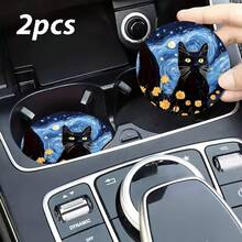 1 Set Of 2 Starry Sky Chrysanthemum Cat Car Cup Holder Pads, Universal Compatible, Made Of Natural Rubber Bottom Anti Slip Polyester Back, Washable Weight Of 15 Grams, 2.8-Inch Absorbent Knitted Fabric, Cute Cartoon Storage Pad, Used For Vehicle Interior - Starry Sky Chrysanthemum Cat 2-piece Set - View 9