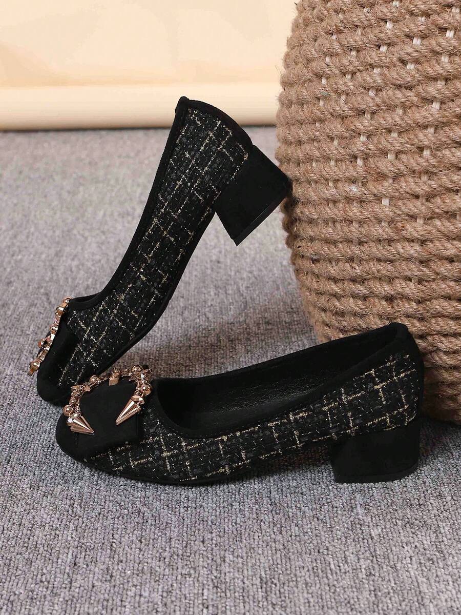 Giày lười mũi vuông gót chunky, giày nữ đa năng, giày lười thời trang, gót cao màu đen, cỡ 35-43 (lớn hơn 1 cỡ) - Vàng đen (khóa C kim cương) - Xem 1